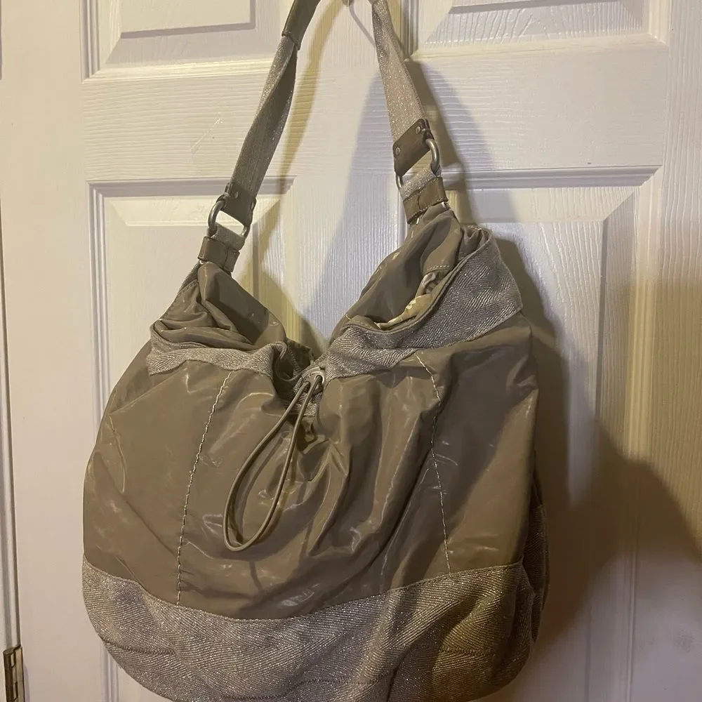 Juicy Couture Nylon taupe & cotton silver shimmery hobo bag leather strap